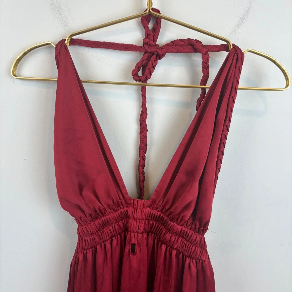 LoveShackFancy Wine Red Braided Halter Boho Open Back Smocked Maxi Dress Small?